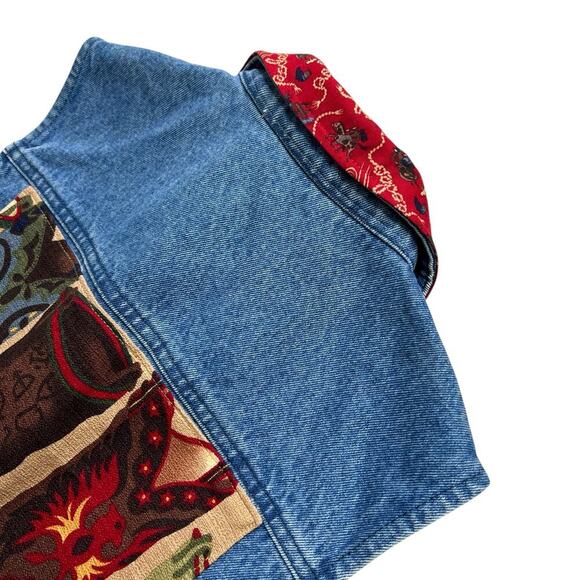 Vintage USA Made Denim Vest Western Cowboy Boot Patch Red Bandana Accents Size M - Picture 10 of 12